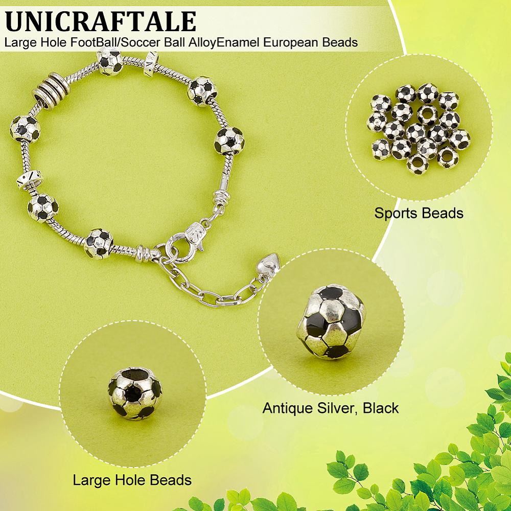 30Pcs Large Hole FootBall/Soccer Ball Alloy Enamel European Beads, Sports Beads, Antique Silver, Black, 9x8mm, Hole: 4.2mm
