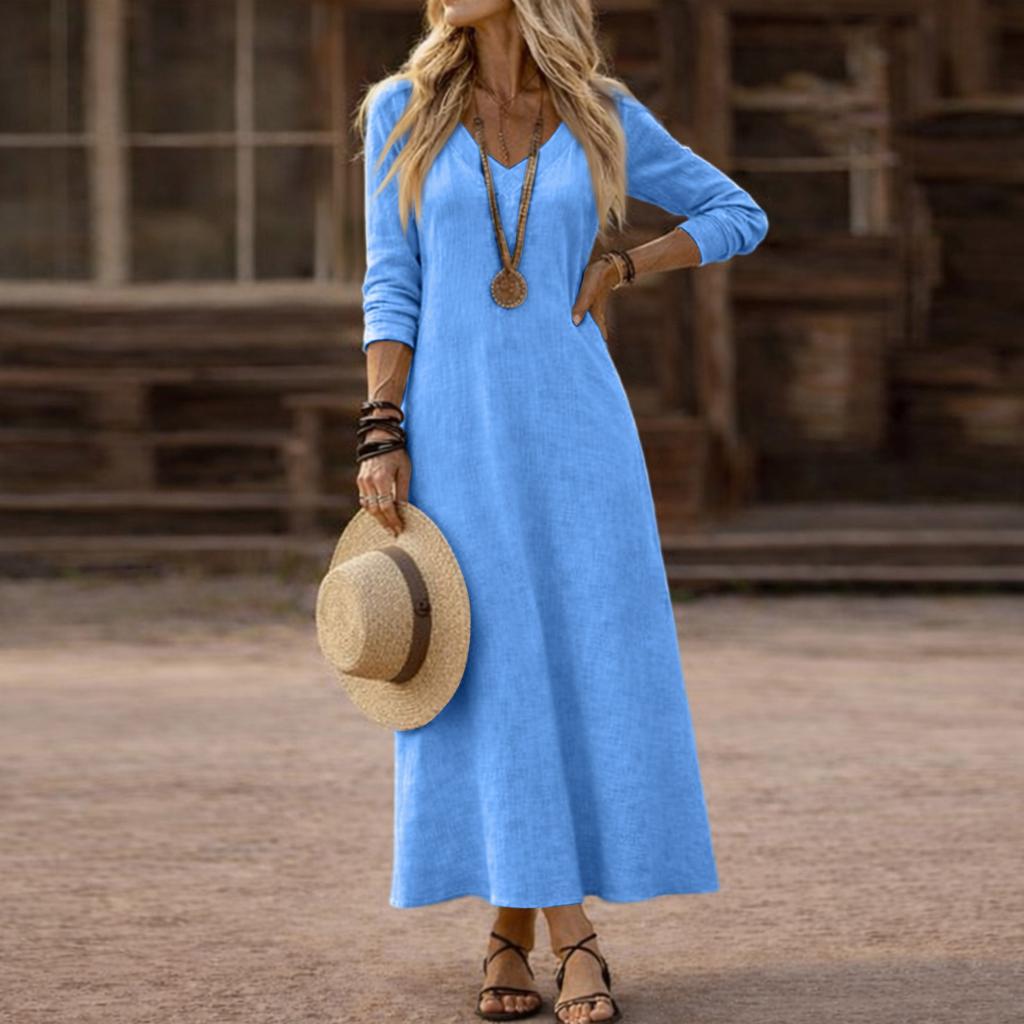 Dress For Women Long Boho Beach Dress Elegant Maxi Dress V-Neck Long Sleeve Dress