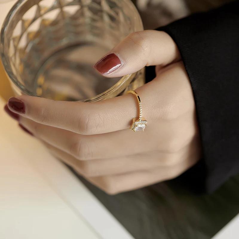 Exquisite Simple Square Zircon Gold Color Open Rings For Woman 2024 Salary Goth Zircon Wedding Party Girls' Luxury Student Ring