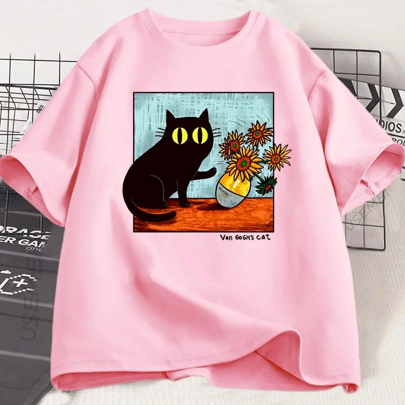 Van Gogh Cat Graphic Cartoon T Shirts Women Flower Black Cat T-shirt Round Neck Short Sleeve Trendy Tee Shirt Streetwear