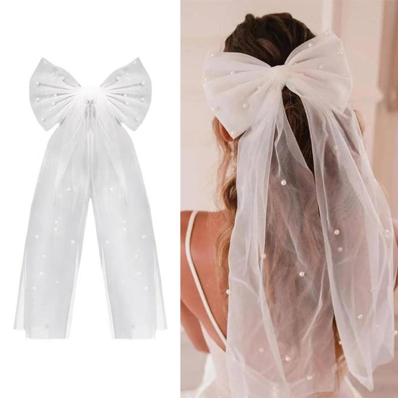 Soft Tulle Short Bridal Veil With Hair Clip Beadwork Pearls Design Bowknot Hair Veil For Wedding Party And Formal Event