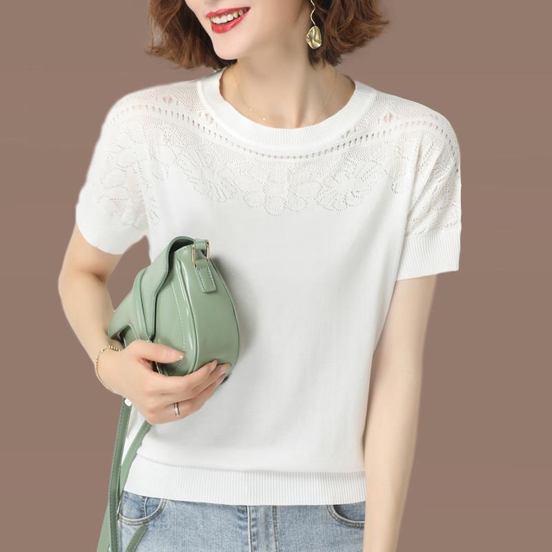 Ice Silk Short Sleeved T-shirt Women's Thin Summer New Item Crochet Hollow Out Versatile Breathable Loose Knit Top