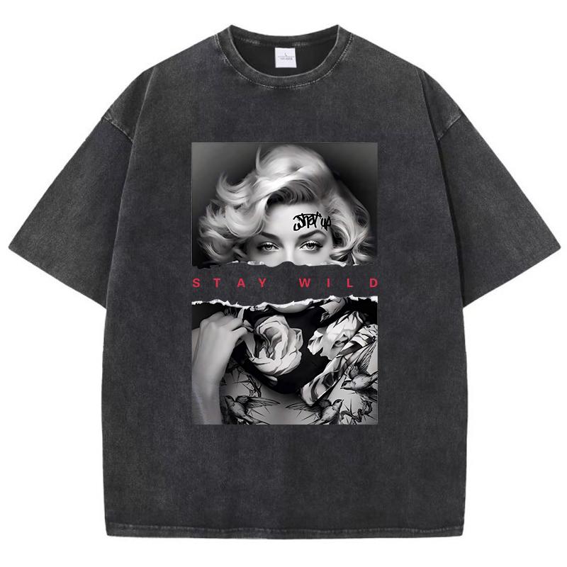 European Style Fashion Portrait Print Woman Cotton Washed T-Shirts All-Math Loose O-Neck Short Sleeve Tops Summer Clothes Unisex