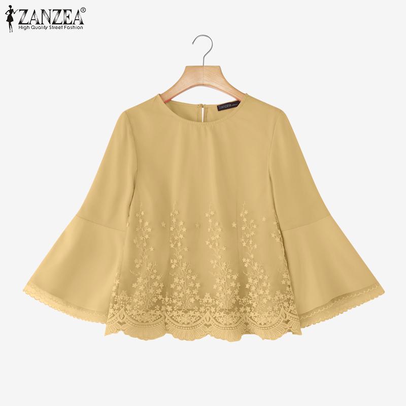 ZANZEA Women Casual Embroidery Mesh Patchwork Loose 3/4 Sleeve Blouse