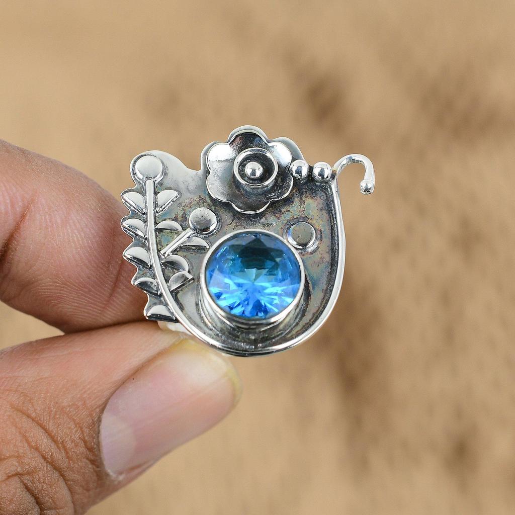 Sterling Silver Natural Swiss Blue Topaz Statement Promise Handmade Flower Ring