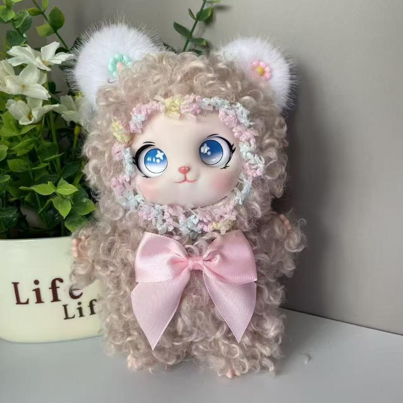 1Pcs Cute Curly Hair Plush Cat Doll Keychain Kawaii Flower Wreath Stuffed Toy With Bow For Bag Charm Kids Gift