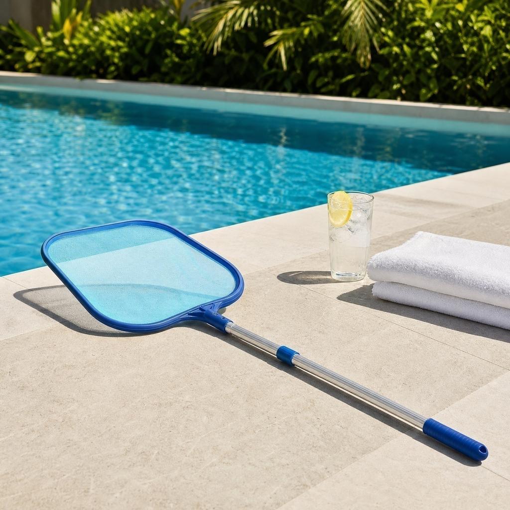 Adjustable Aluminum Pole Pool Skimmer Net Set with Fine Mesh Leaf Net and Brush for Shallow Water Pools and Baby Swimming Pools