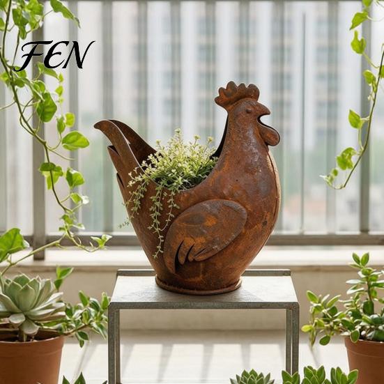 Country Style Home Garden Accents Rustic Rooster Ornament, Weather Resistant Flowerpot, Metal Sculpture Backyard Patio Landscaping for Outdoor