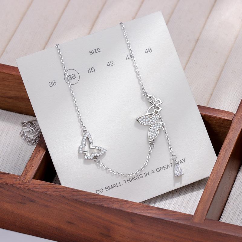 Elegant 925 Sterling Silver Butterfly Tassel Women's Necklace, High-end Exquisite Jewelry, Rhodium Plated