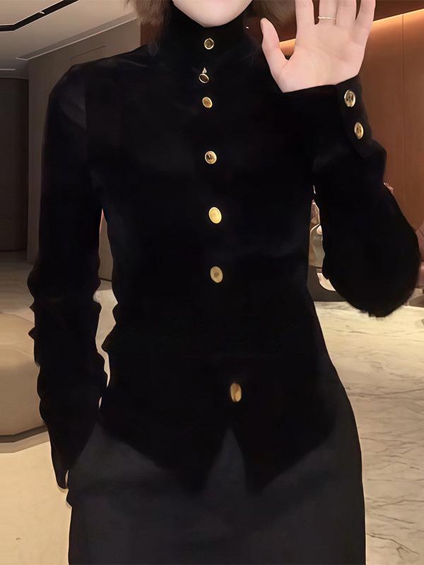 Women's Designer Velvet Long-Sleeve Top with Gold Buttons - Early Spring 2026 Collection