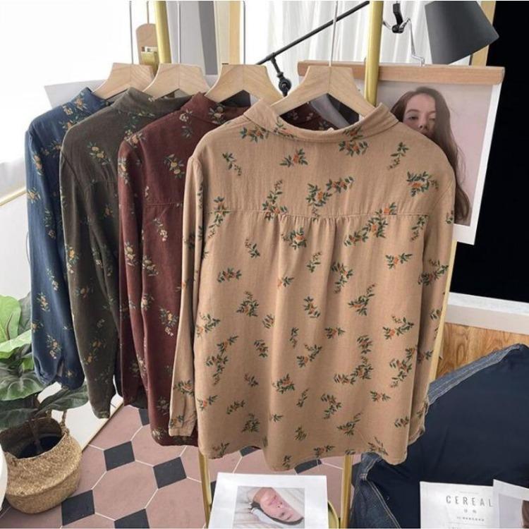 Floral Printed Long Sleeve Top Korean Retro Fashion Women Cotton Linen Autumn Shirt Digital Design Blouse