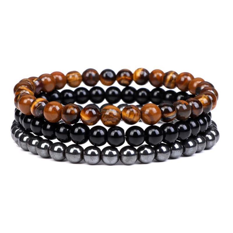 3 Pcs Set Bohemian Gemstone Bracelet Women Men Tiger Eye Black Obsidian Hematite Lucky Wealth Love Gift
