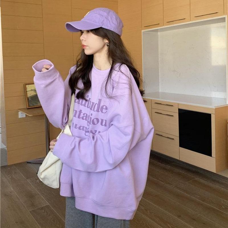 

Женские свободные свитера с длинным рукавом и круглым вырезом, женские топы, однотонные толстовки M фиолетовый