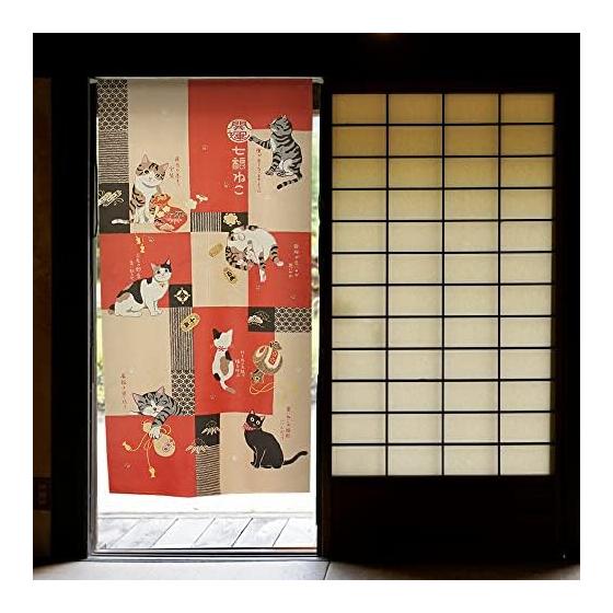 Noren Workshop Noren Curtain Cat Japanese Style Tapestry Room Divider Blindfold Half Curtain Traditional Lucky Cat 85 x 170cm Pasted Shichifuku Cat