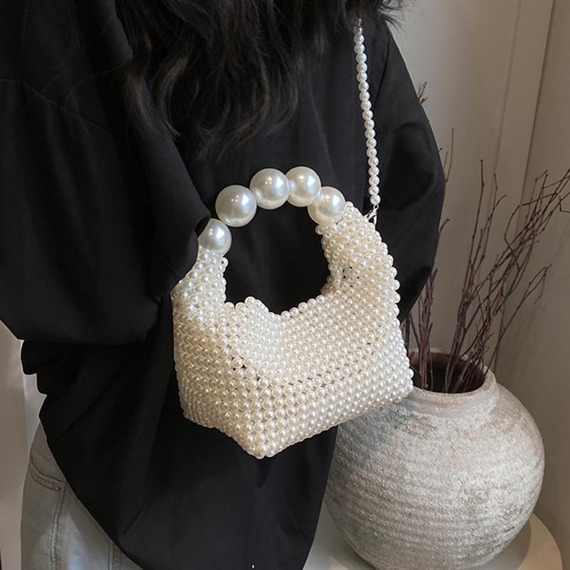Luxury Pearl Beading Woven Handmade Hobo Bag Fashion Women Handbag Evening Bag Wedding Party Shoulder Crossbody Bag