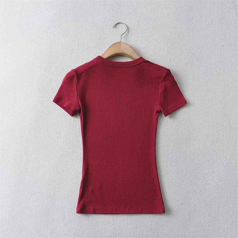 YPFF Summer Women's Solid Color Elastic Thread Basic Short-Sleeve Round Neck Top