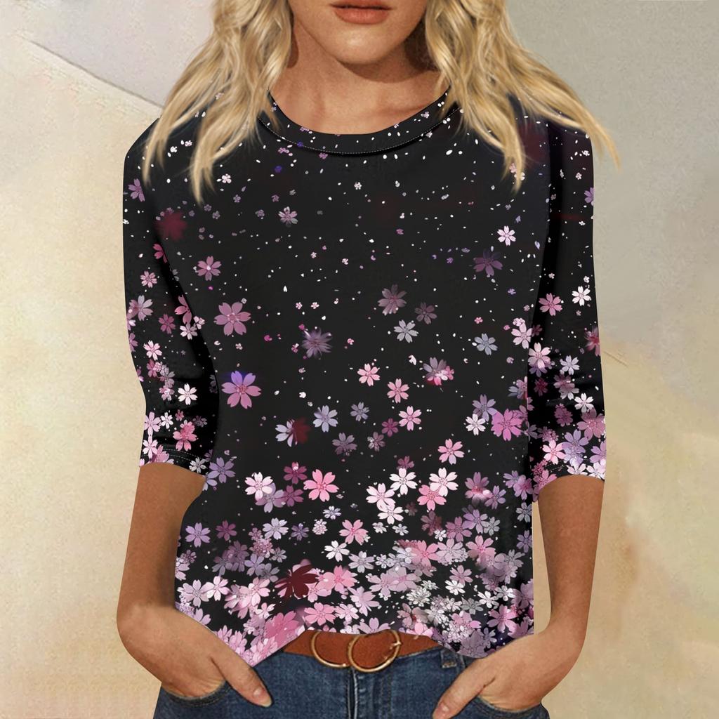 Women's Fashion Casual Round Neck 3/4 Sleeve Loose Printed T-Shirt Ladies Top