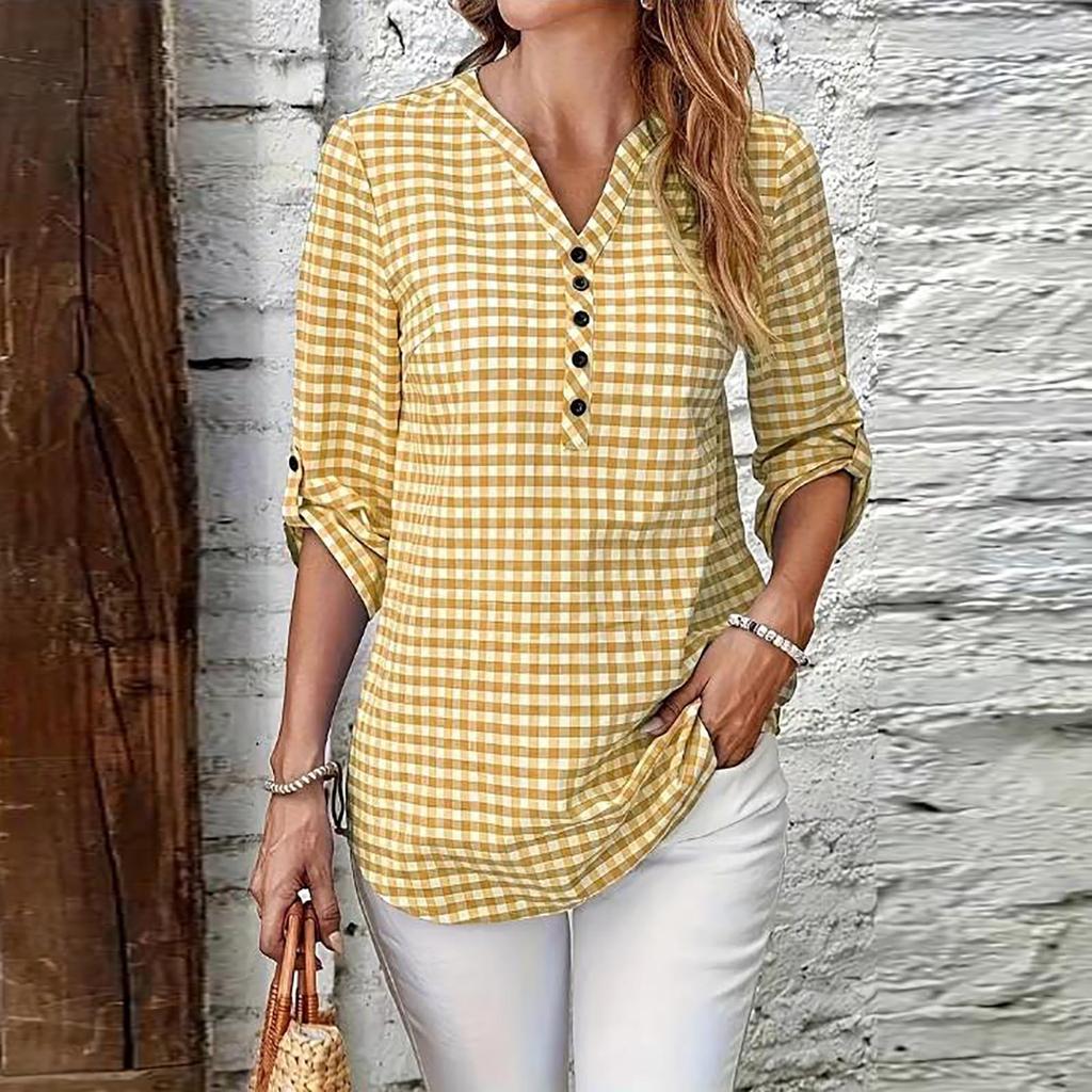 Women's Casual Plaid V Neck Long Sleeve Loose Fit Shirt Top