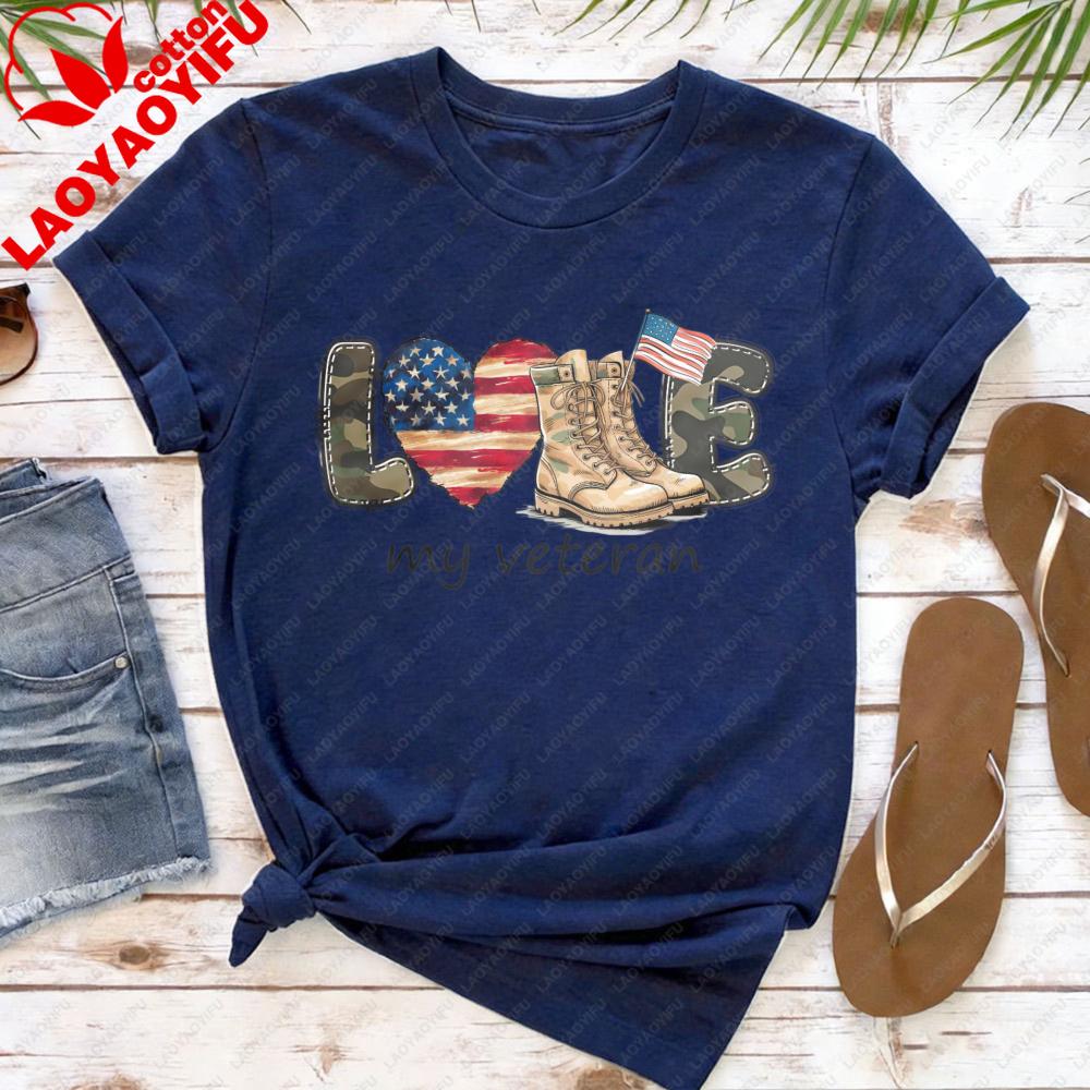 Love My Veteran Shirt Patriotic American Flag Tees Vintage Print Women Clothes Round Neck Tshirt Veteran Creative Gift