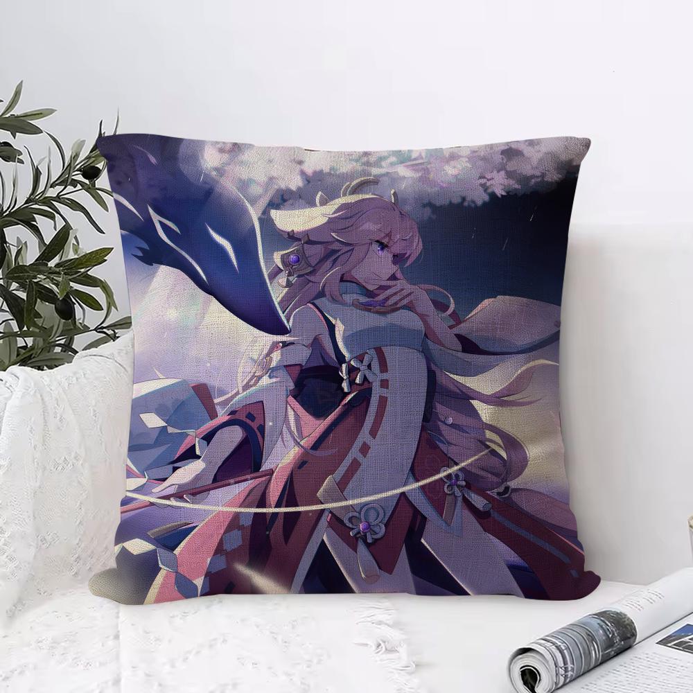 Genshin Impact Yae Miko Cushion Cover Eco Linen Pillow Case DoubleSided Print Breathable Durable Zipper Home Decor Gift