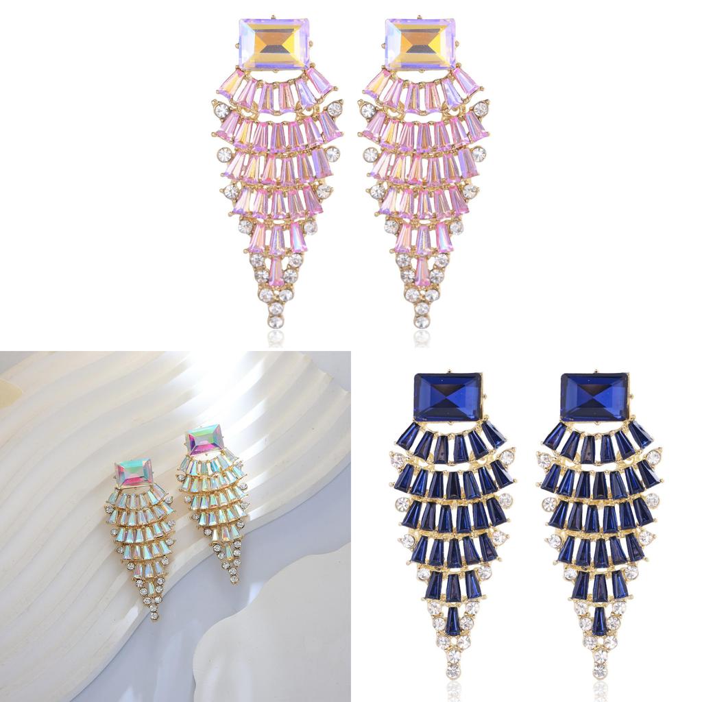Geometric Alloy Long Earrings For Women With Colorful Rhinestones In Fashion Spring