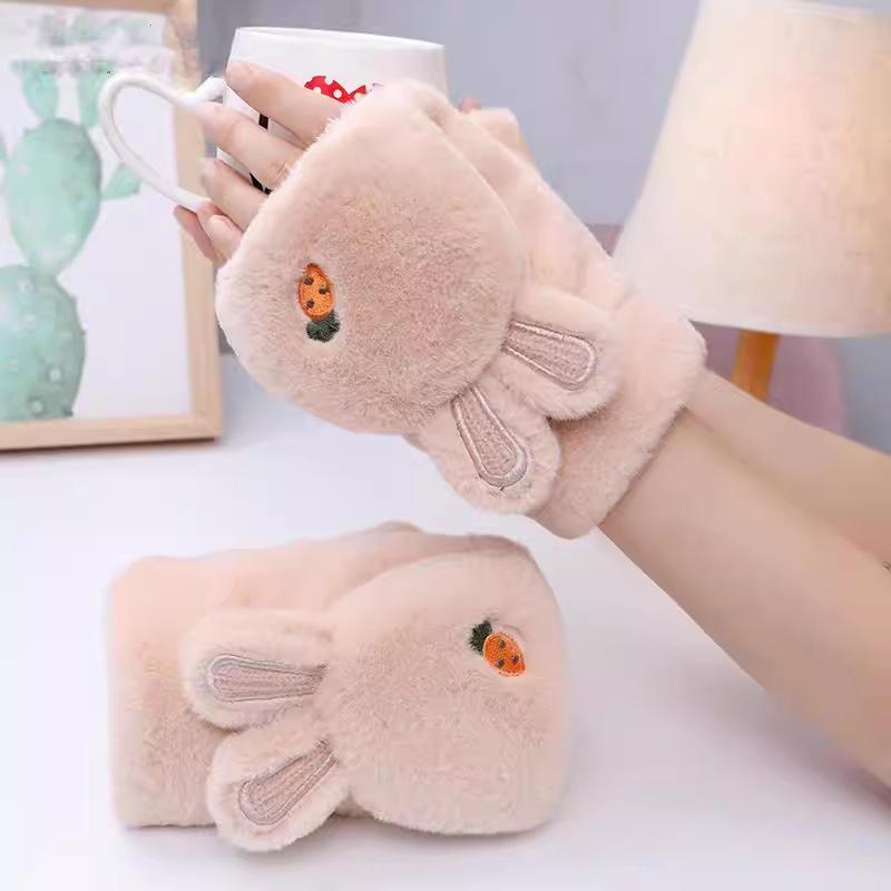 Rabbit Ears Half-finger Gloves Korean Version of Student Warm Cute Plush Flip Cartoon Plush Thickened Gloves Female