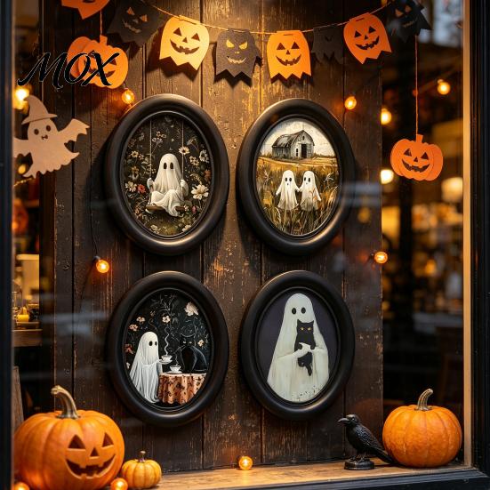 Halloween Ghost Wall Art Art, Cute Table Sign, Vintage Oval Framed Adhesive Backed Decor Picture, Decorative for Mantel Living Room Bedroom Style