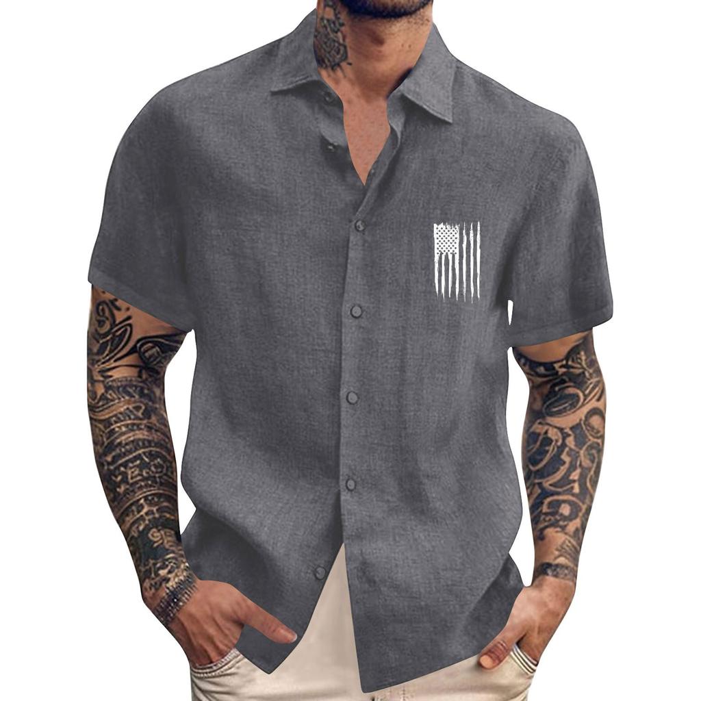 Men'S Casual Loose Short Sleeved Printed Shirt With Fashionable Lapel Top