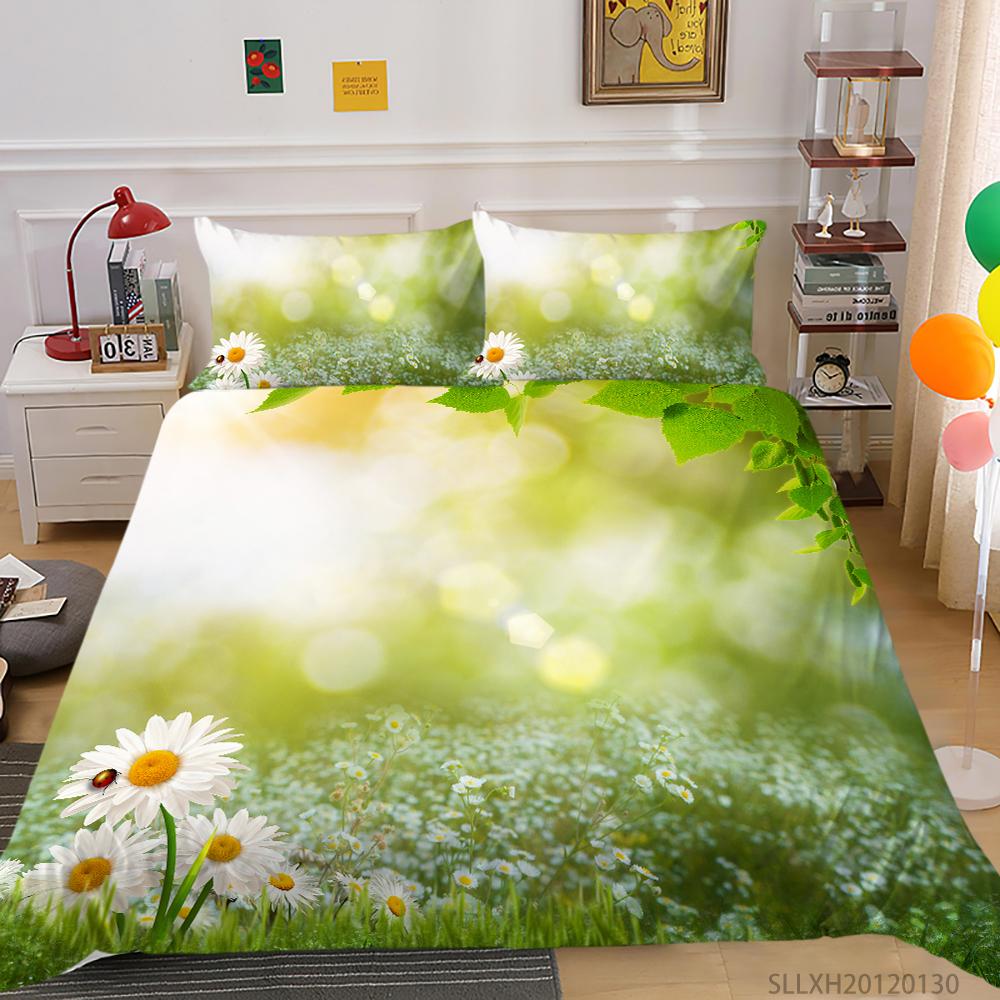 3D Small Daisy Pattern Bedding Single Double Bed Full Size Plant Chrysanthemum Pattern Pillowcase and Quilt Cover 2 or 3 Comfortable Home Decoration