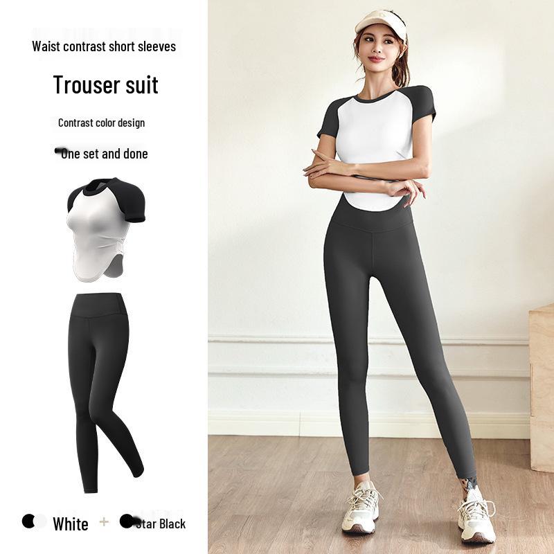 Damen Nude Feel Yoga Set: Schnelltrocknendes Kurzarm-Top & Lange Hose für Outdoor-Fitness