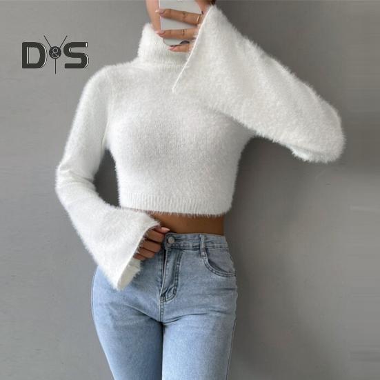 Kurzer Pullover für Damen, hoher Kragen, ausgestellt, lange Ärmel, einfarbig, schmale Passform, lässige Oberteile, freiliegender Nabel, Strickmode