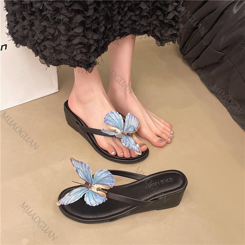 Fashion Butterfly Flip Flops 2025 Summer New 5cm Wedges High-heeled Shoes for Women Fashion Mixed Color Outside Wear Slides Laides Shoes
