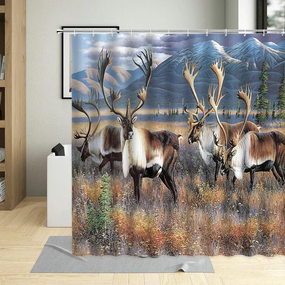 Dämmerung Herbst Grasland Elch Duschvorhang Hirsche Tier Muster Badezimmer Dekor Badezimmer Vorhänge Wasserdichtes Gewebe Mit Haken Polyester