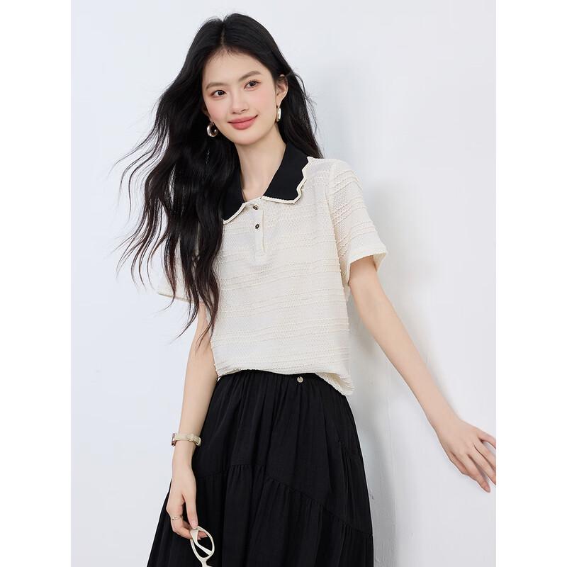 Women's Color Block Polo Collar Short Sleeve T-Shirt