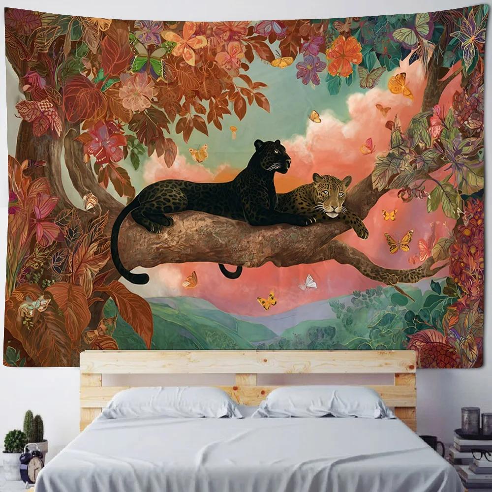 European Cheetah Art Tapesty Flower Tropical Plant Fabric Wall Hanging Home Dormitory Bedside Decorative Tapestry