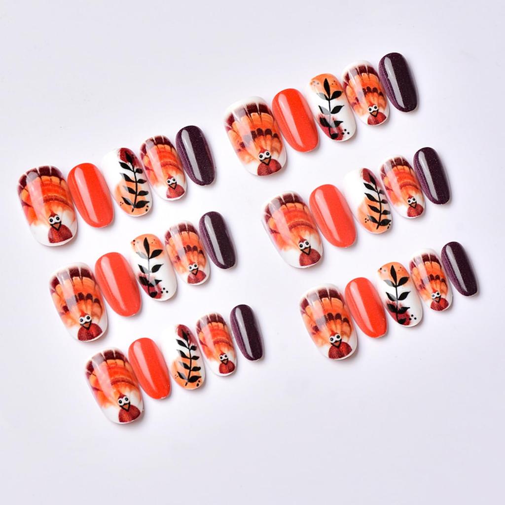 30Pcs Cute Turkey Press on Nails Short Oval Fake Nails Thanksgiving False Nails Turkey Straw Designs Stick on Nail Fall Leaf Acrylic Nail Orange