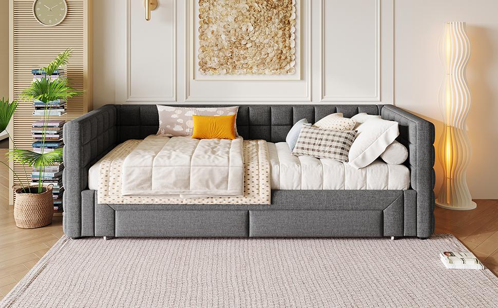 Daybed, Daybed, 90 X 200cm, Sofa Bed with Square Backrest, Pull-Out Bed (Extendable To 180 Queen Size), 2 Drawers, Without Mattress, Grey