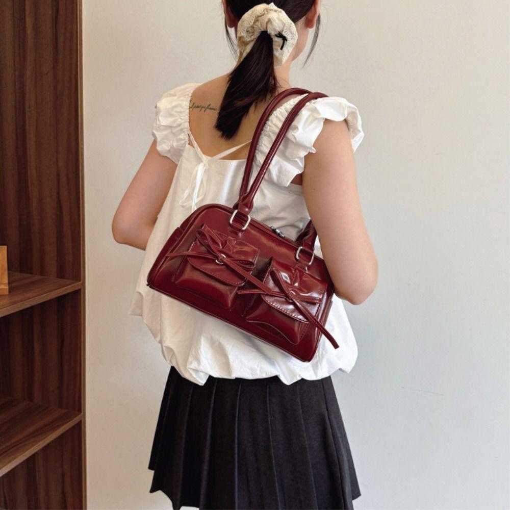 French Style Bow Tie Bowling Bag Bowknot Women Handbags Trendy Boston Shoulder Bag  Girls