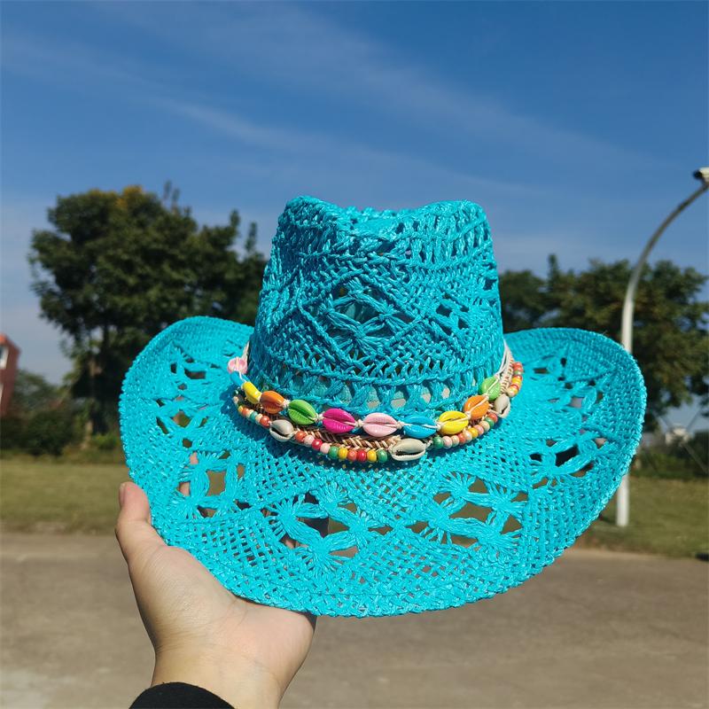 Cowboy Straw Hat for Women Fashion Seashell Straw Cowboy Hat Beach Summer Cowboy Sunshade Jazz Hat Sombrero Vaquero Hombre