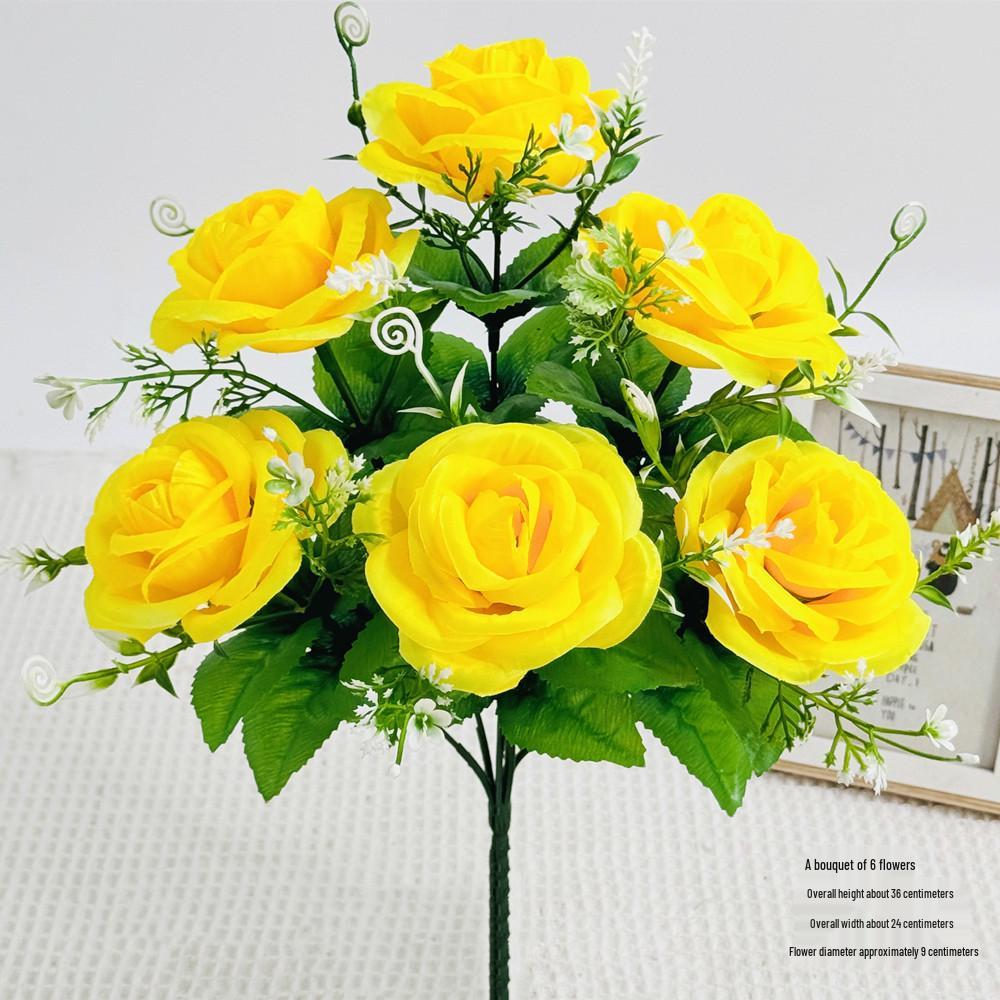 Curly Edge Red Rose Bouquet - 6 Head Artificial Silk Flowers for Living Room Decoration