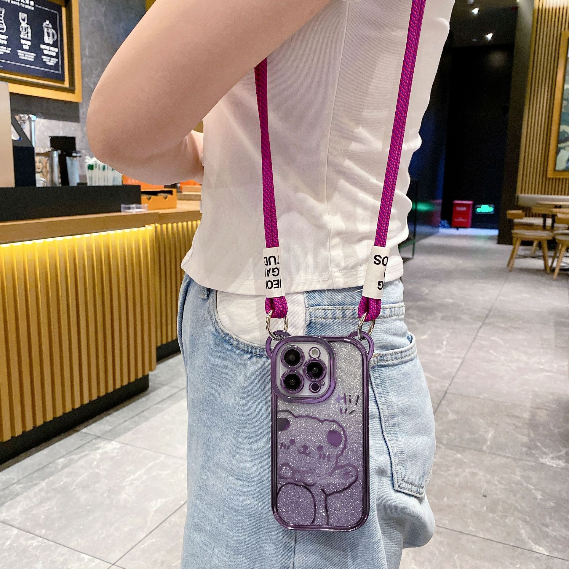 

Crossbody Compatible iPhone 14 Case Apple 15 Cute Bear Electroplated Glitter 16 Full Coverage 13 Lanyard Phone Case iphone11 pro max