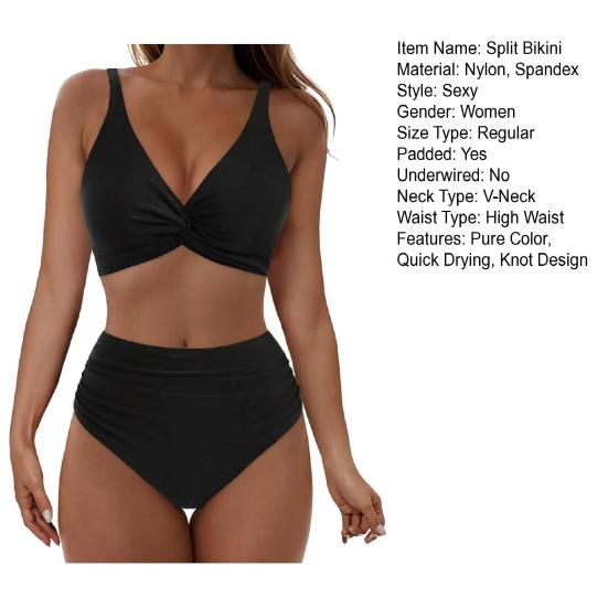 2 Adet/Set Kadın Ayrık Bikini Derin V Yaka Ön Bükümlü Tasarım Sütyen Yüksek Bel Külot Seti Hızlı Kuruyan Esnek Kumaş Tatil Mayo