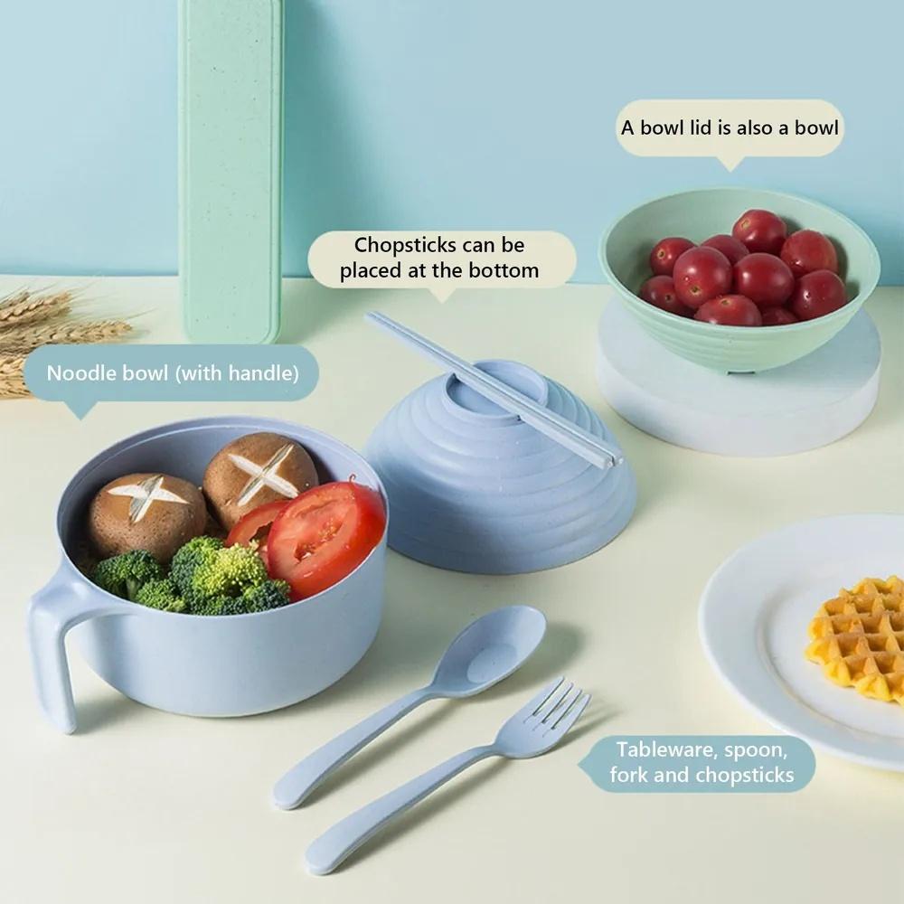 1 Set Multi-use Noodle Bowl Food Grade Heat-resistant with Lid And Tableware Kitchen Student Dormitory Use