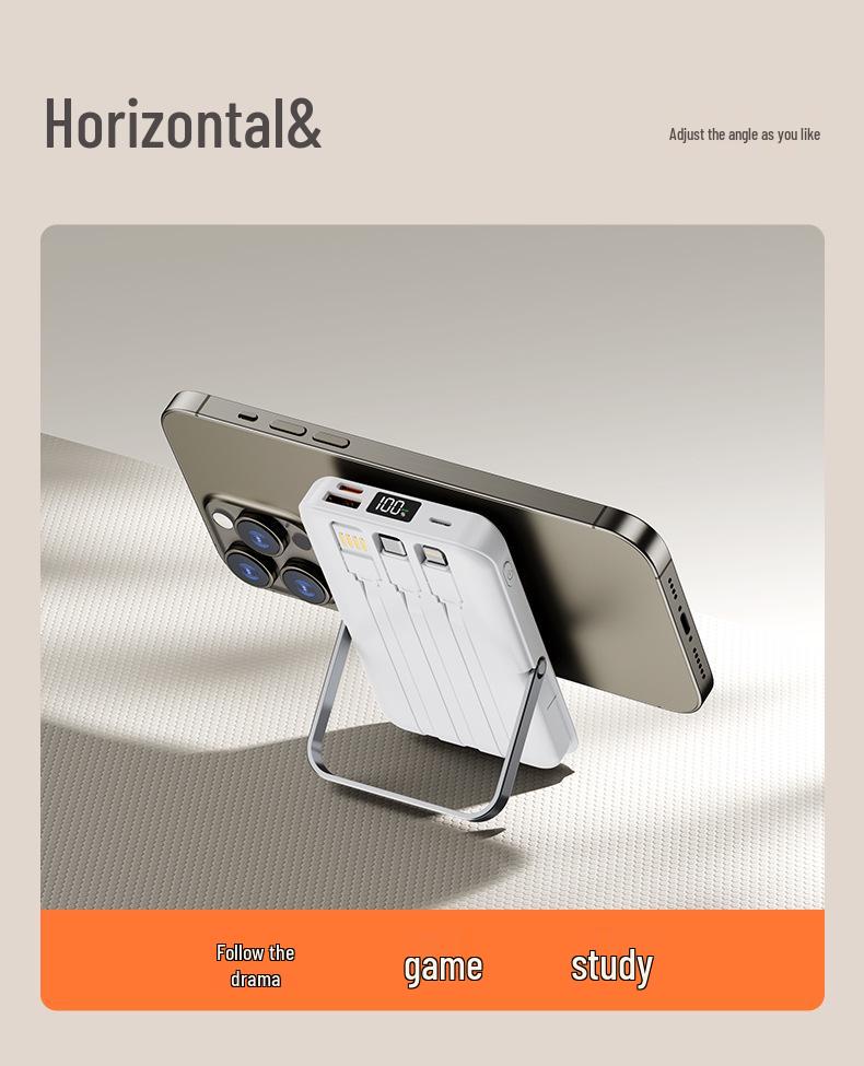 3C Certified Wireless Magnetic Power Bank: 15W PD, Strong Magnet, Built-in Triple Cables & Stand, Ideal for Air Travel.