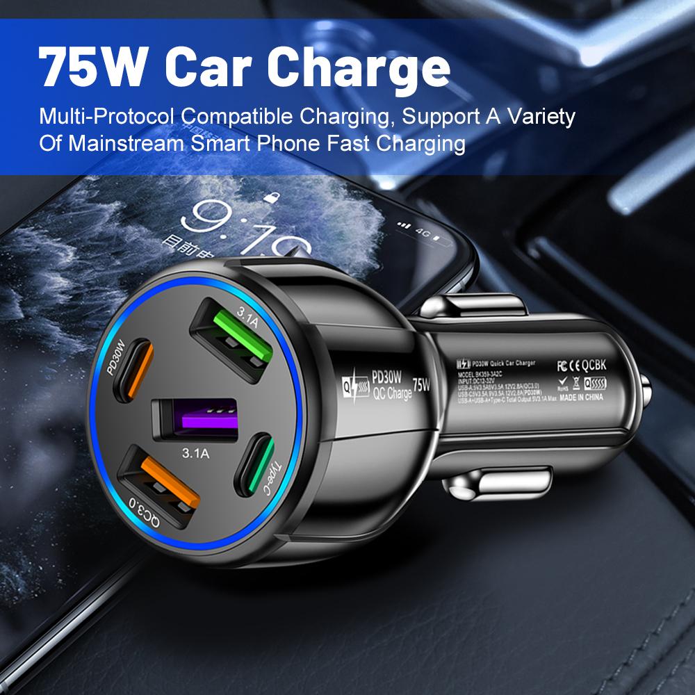 75W Car Charger Multiple 4 Fast Quick Charging Ports Type C USB PD Mobile Phone Adapter in Car for iPhone Xiaomi Huawei Samsung