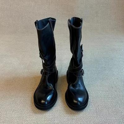 Cowhide Version~ Retro Belt Buckle Mid Boots Western Cowboy Boots Slim Thick-soled Fried Street Boots Female Knight Boots