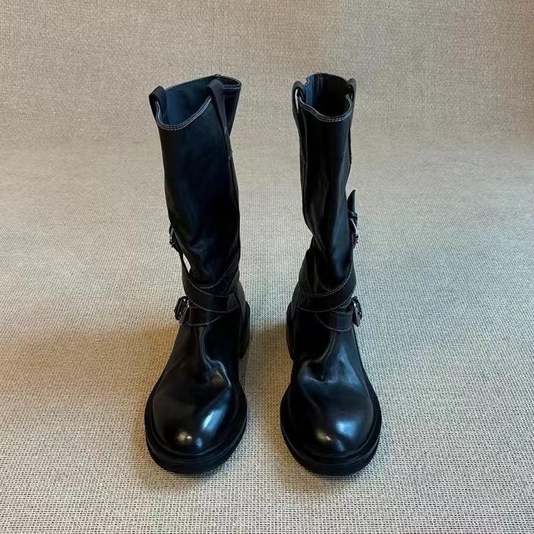 Cowhide version~ retro belt buckle mid boots western cowboy boots slim thick-soled fried street boots female knight boots