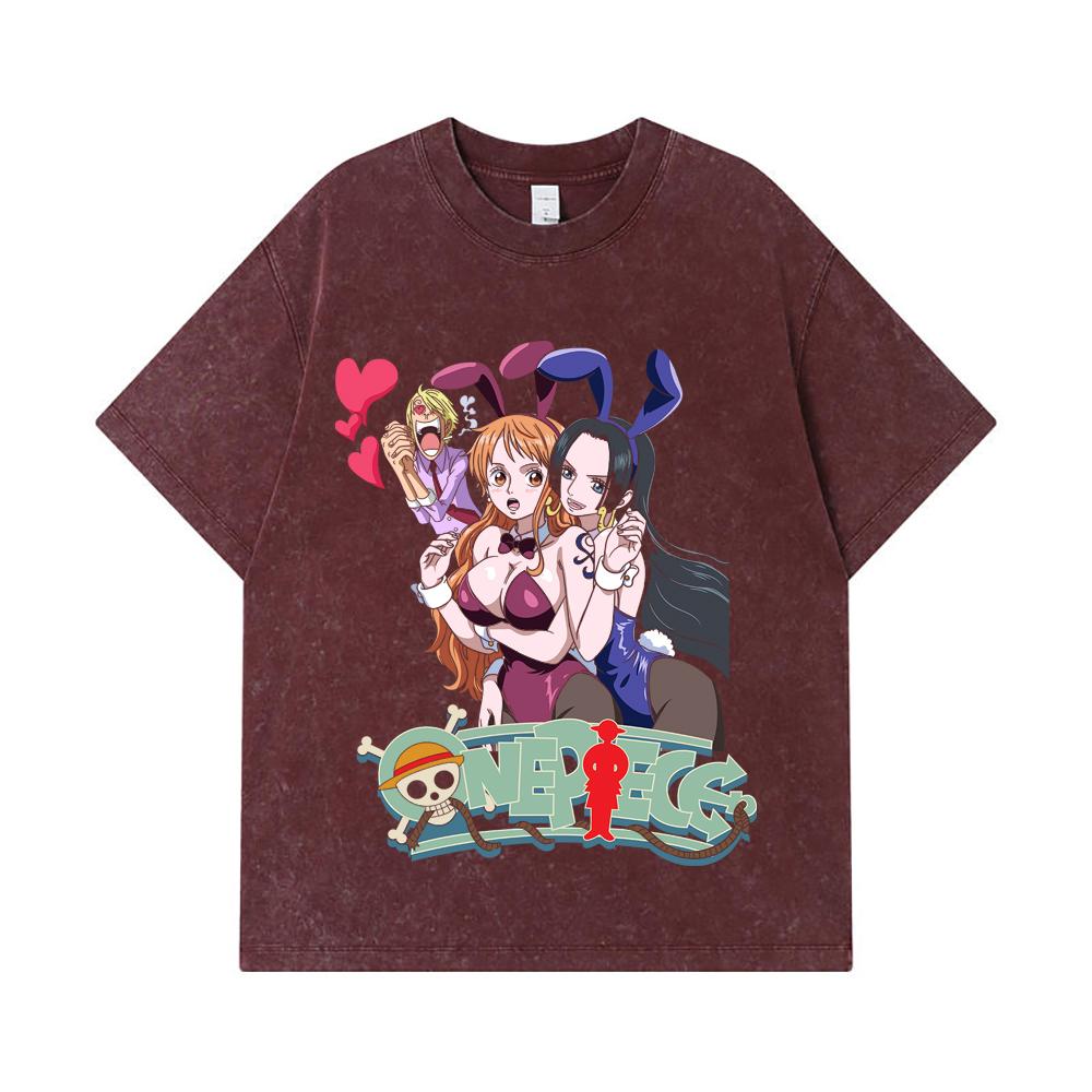 275 GSM Washed T-shirts 100% Cotton One Piece V53 Nami Boa Print Unisex Heavy Cotton T Shirt