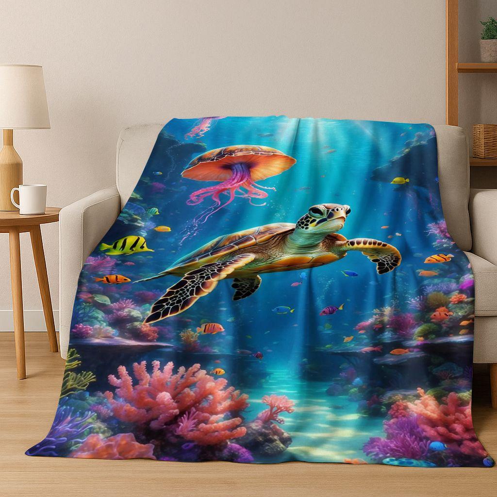 2026 New Underwater World Sea Dolphin Turtle Coral Art Flannel Blanket,Cozy Soft Throw Blanket for Home Bedroom Bed Sofa Kids