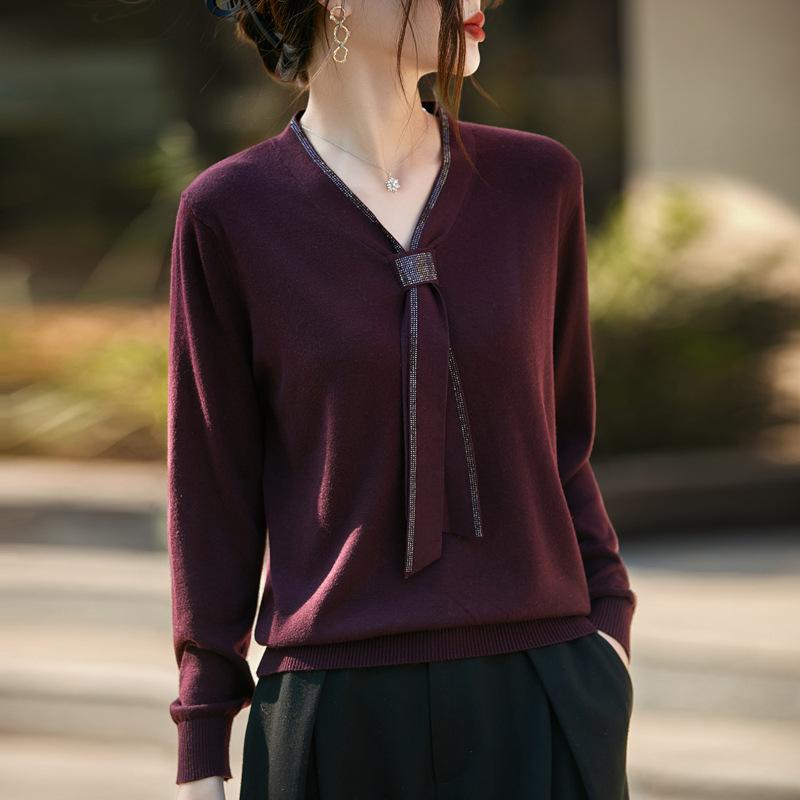 V Neck Knit Long Sleeve Loose Fit Pullover Top With Ribbon